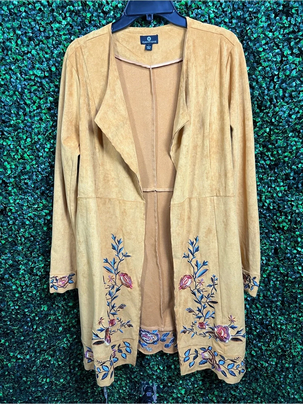 CURATIONS | Faux Suede Embroidered Open Front Jacket - Picture 2 of 9